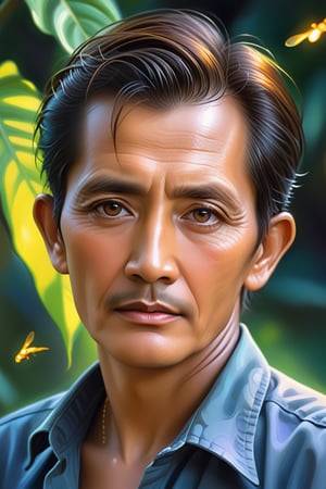 indonesian male 75 years , realistic, male, (color), post-production, dark eyes, (highest quality), A close-up of a somewhat vicissitudes of a male with a deep expression, deep eyes, serious, fireflies, oil painting style, digital art oil painting, Steve Henderson style,ebes,Masterpiece