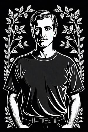 Vintage tshirt print design (on a black background:1.2), Retro Silhouette drawing of a nice man from the front, with black white color ,black background,delicate,filigram,centered,intricate details,high resolution,4k, illustration style,Leonardo Style,tshirt design, simple background,tshirt design, simple background, J_comic_book,,CEO,pencil sketch