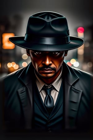 impactful paint of a a detective walks in the middle of a rainy night, with his hat off, staring intently at the camera, highly detailed, 8k, sharp, professional, clear, high contrast, high saturated, vivid deep blacks