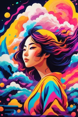 neon colors, cartoon style illustration of a japanese woman as she sees the world while experiencing hallucinations, stoned, splash art, splashed neon colors, neon glowy smoke) motion effects, best quality, wallpaper art, UHD, centered image, ((flat colors)), (cel-shading style) very vibrant neon colors, extremely saturated image (saturation 10) ink lined art, bold lines