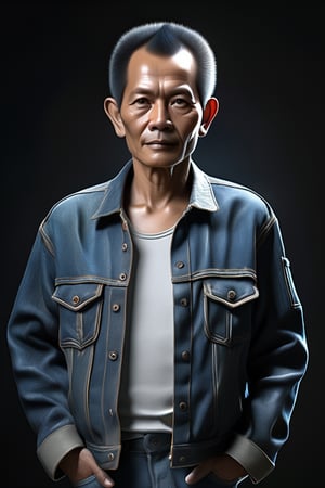Create a hyper-realistic image of an Indoneisa man aged 55 with short black hair with , standing. Split light fell on his face. The character wears casual modern clothing such as a jeans jacket. The background of the image is black. Make the image intricately hyper-realistic and detailed,ebes