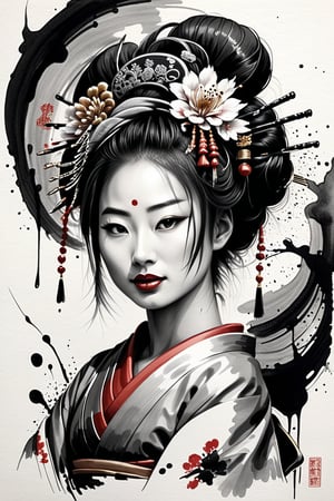 Sumi-e style,Ink and ink painting,Black and white painting,splash,Nikole man,Oiran,kodew,chan-wong