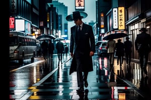 impactful paint of a  A detective walks on the streets of Tokyo, in the middle of a rainy night, with his hat off, staring intently at the viewer, highly detailed, 8k, sharp, professional, clear, high contrast, high saturated, , vivid deep blacks, crystal clear,wong-limo,WONGLIMO