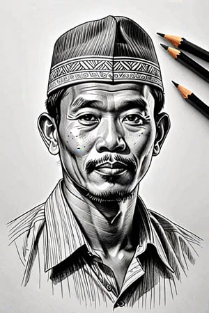 indonesian man, Focusing on the fresh male head in the sketch hand-drawn style, the lines are smooth, and there is a sense of realism that portrays the cultural atmosphere, vivid and vivid,CEO,pencil sketch