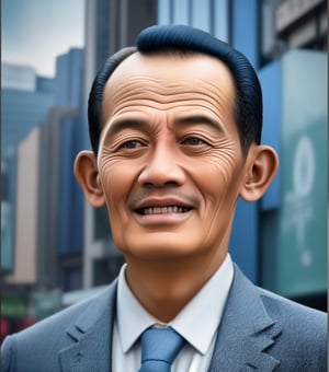 create a hyper realistic vertical photo of Indonesia happy man in her 60s, short hair, trending on artstation, portrait, digital art, modern, sleek, highly detailed, formal, determined, blue business suit,EBESKUH,photorealistic,Masterpiece,SD 1.5,REALISTIC