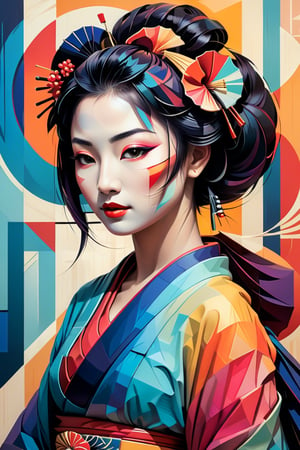 A minimalist design with a vintage touch, featuring a cool, stylish geisha silhouette in faded, awesome and bright colors. cubist painting, Neo-Cubism, layered overlapping geometry, art deco painting, Dribbble, geometric fauvism, layered geometric vector art, maximalism; V-Ray, Unreal Engine 5, angular oil painting, DeviantArt