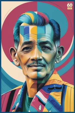 concept poster a 60 years man, a half body portrait at geometric sahpe . digital artwork by tom whalen, bold lines, vibrant, saturated colors, detailed fac,Vibrant colors palettes,ebesyas