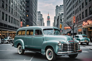 A captivating photograph of a 1952 GMC Suburban, with its chrome gleaming against the backdrop of a bustling city street, exuding charm and nostalgia Cinematic film still, shot on v-raptor XL, film grain, vignette, color graded, post-processed, cinematic lighting, 35mm film, live-action, best quality, atmospheric, a masterpiece, epic, stunning, dramatic 