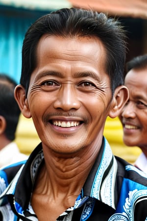 a realistic and detailed portrait of a Indonesia man with captivating eyes and flowing black hair. The face is filled with lively expressions, laughing at the speaker with warmth and joy. more detail XL,ebesiyasku,ebesiyasku