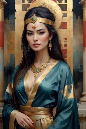 Paul Lovering's painting depicting a detailed Portrait of  ancient queen zenobia clad in elegant   silk robe with deep v-neck, face ispred y Claudia Black, golden jewelry, features etched with charisma, standing midst ancient buildings , gloomy, dramatic, artistic dynamic pose, soft natural volumetric light, atmospheric and centered composition,chan-wong