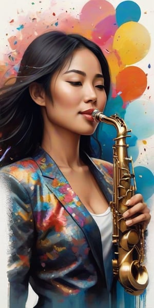 painting of an asian woman with a saxophone and a cloud of confetti, side profile artwork, beautiful artwork, art of alessandro pautasso, saxophone, extremely high quality artwork, a beautiful artwork illustration, beautiful digital artwork, artistic illustration, beautiful painting of a tall, by Keith Mallett, stunning artwork, beautiful art, exquisite digital illustration, funk art, beautiful digital illustration,chan-wong