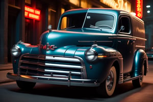 luxury, 1946 GMC panel , riding, neon, street, midnight, scene, action, rush, speed, cinematic, realisticm