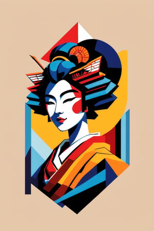A minimalist t-shirt design with a vintage touch, featuring a cool, muscular and stylish geisha silhouette in faded, awesome and bright colors. cubist painting, Neo-Cubism, layered overlapping geometry, art deco painting, Dribbble, geometric fauvism, layered geometric vector art, maximalism; V-Ray, Unreal Engine 5, angular oil painting, DeviantArt