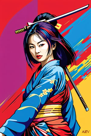 Japanese woman warrior, digital artwork, bold lines, vibrant, saturated colors,AiArtV,chan-wong