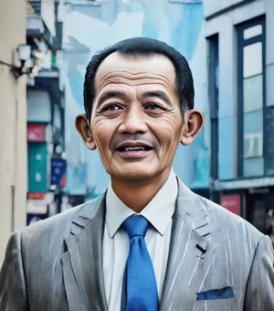 create a hyper realistic vertical photo of Indonesia happy man in her 60s, short hair, trending on artstation, portrait, digital art, modern, sleek, highly detailed, formal, determined, blue business suit,EBESKUH,photorealistic,Masterpiece
