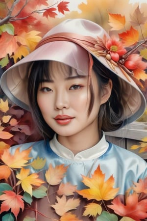 Watercolor, flowing art, pastel colors, delicate colors, colorful autumn flowers, satin colors, stilizyed, in the middle a realistic Autumn Deck portrait,chan-wong