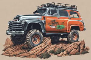 vector t-shirt art, Fantasy art, 1952 gmc suburban offroad modificated, sharp and crisp vector