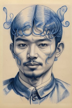 The image depicts a detailed pen sketch of an individual from the shoulders up. The face of the individual is obscured by a solid blue rectangle, making it impossible to identify any facial features. The hair appears to be short and is depicted with numerous intricate lines and swirls that create a sense of volume and texture. The individual is wearing what seems to be a collared shirt and jacket, also rendered in fine lines that suggest folds and creases in the fabric. ,wongapril,pencil sketch,more detail XL,ebesiyasku