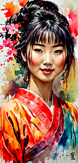 painting of a japanese woman , fawless makeup, medium shot, artistic , artist model , a charcoal drawing by William Twigg-Smith, CGSetnation, arte figurativa, water colour, colourful drawing, dynamic pose, fully body, Watercolor and Paint Hyperrealistic, splash art, concept art, mid shot, intricately detailed, color depth, dramatic, 2/3 face angle, side light, colorful background,wong-chans,style,ink 