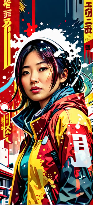 30 years old  Japanese woman, 
urban Comics, red and yellow ornaments, Marvel, sci fi, highly technology, iconographic, glitch background, , watercolor, ink, mist, interactive image, highly detailed, art style by Clayton Crain + Ross Tran + Rachel Walpole + Jeszika Le Vye + Dan Volbert + Simon Stalenhag + Brian Stelfreeze