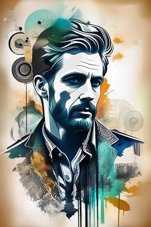 Sketch of a design man, new grunge style, texture,ink colored style,  intricate details, sharp focus, 3d, double exposure, high resolutionh, ebes