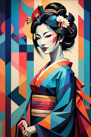 A minimalist design with a vintage touch, featuring a cool, stylish geisha silhouette in faded, awesome and bright colors. cubist painting, Neo-Cubism, layered overlapping geometry, art deco painting, Dribbble, geometric fauvism, layered geometric vector art, maximalism; V-Ray, Unreal Engine 5, angular oil painting, DeviantArt