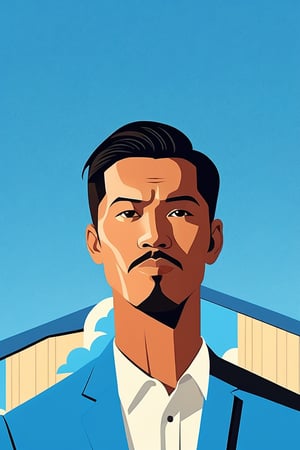 30years old Indonesia man, with blue sky, in the style of john holcroft, minimalist illustrator, linear elegance, dewong,wong-terminator