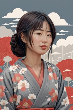 japanese Woman, with cloudy sky, in the style of john holcroft, whimsical floral scenes, kengo kuma, light silver and light red, minimalist illustrator, cfa voysey, linear elegance,chan-maret-wong