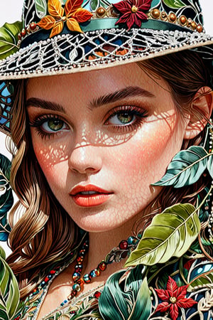 a half body portrait, girl, watercolor drawing, photo portrait, photorealism, hat and leaf veil handmade floral embroidery, dark botanical, digital-art, pixelation, high detail, lot of detail, delicate sensuality, stained glass, intricate details, bohemian, elegant, aesthetic, lineout, surrealism, realistic, high quality, artwork, dolce & GABBANA, hyper detailing, professional, filigree, haze, super detail, hyperrealism, beaded illustration, trending on artstation, sharp focus, studio photo, intricate details, highly detailed, by greg rutkowski