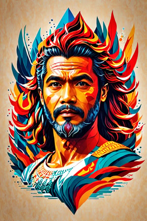 a Indonesia man  poster as at Aquaman  movie, symetrical, vector illustration, Leonardo Style,tshirt design,oni style, color splash,ribbons, vibrant, full figure, ((upper body)),ebesiyasku