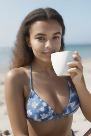 portrait of a young woman, 8k, drinking tea in the beach, with bikini