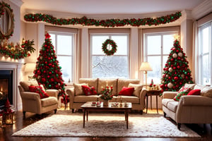 lovely living room decorated with Christmas decorations, extremely detailed, rosy cheeks, happiness, christmas spirit, There is a lot of snow outside the window, night, cozy