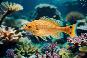 centered, focused, a fish with amazing colorful golden colors among corals in sea, colorful wide fins, detailed skin and tints, colorful lush plants underwater, best quality, masterpiece, DSLR, bokeh, underwater, 