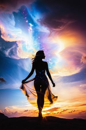 A dark silhouette of a princess, no clothes, body shape, body outline visible, In a mesmerizing display of cosmic clouds , a hypnotic holographic solar flare erupts with vibrant colors against the stark backdrop of an inky black sky. This high contrast, high key photograph captures the surreal beauty of the celestial phenomenon as it casts a spellbinding radiance. The image, with its impeccable clarity and impeccable detailing, immerses viewers in the otherworldly spectacle, evoking a sense of awe and wonder. 8K. 16 K. Art at finest.