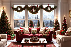 lovely living room decorated with Christmas decorations, extremely detailed, rosy cheeks, happiness, christmas spirit, There is a lot of snow outside the window, night, cozy