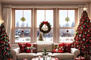 lovely living room decorated with Christmas decorations, extremely detailed, rosy cheeks, happiness, christmas spirit, There is a lot of snow outside the window