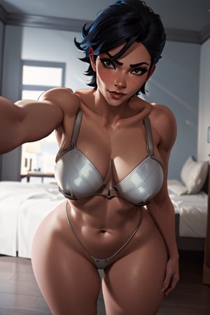 vayneSoL, underwear, white bra, white thong, thick thighs, voluptuous and muscular body, navel, breasts, smile, frown, blush, looking_at_viewer, (masterpiece:1.2), (best quality), (ultra detailed), (8k, 4k, intricate), (highly detailed:1.2), (detailed face:1.2), (detailed background), bedroom of a luxurious mansion illuminated by chandeliers, night, arcane style, 1girl solo, kabedon pov