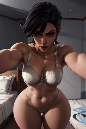 vayneSoL, underwear, white bra, white thong, thick thighs, voluptuous and muscular body, navel, breasts, (masterpiece:1.2), (best quality), (ultra detailed), (8k, 4k, intricate), (highly detailed:1.2), (detailed face:1.2), (detailed background), bed, arcane style, 1girl solo, kabedon pov