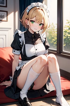 Maid_uniform, short_hair, strawberry_blond_hair, modest_breast, long socks, green_eyes, short