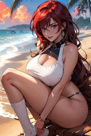 Highschool_DXD, Rias_Gremory, 1girls, very_long_hair, long_socks, (huge breast 1.2), high_resolution, beach, whiteswimsuit, flush_face, nsfw, beautiful_eyes, detailed_background, high_quailty, complex_face, collar, smile, blue_eyes, good_eyes, red_hair, show_full_face