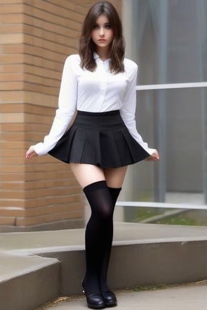 in Stocks Pose, cuffs on ankles and wrists, short black skirt, ripped black tights, 