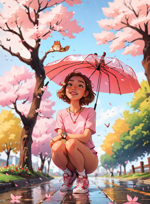 sam yang,1girl, animal, bird, blurry, blurry background, brown eyes, brown hair, cherry blossoms, dog, full body, holding, holding umbrella, jewelry, looking up, medium hair, necklace, rain, shiba inu, shoes, short sleeves, smile, sneakers, solo, squatting, transparent, transparent umbrella, umbrella, watch, wristwatch, ((masterpiece))