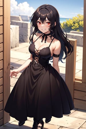 best quality, (masterpiece:1.2), ultra detailed, high resolution, medieval, 1girl, Celica Arfonia, female_solo, closed mouth, black hair, long hair, red eyes, black dress, choker, black ribbon, cleavage, medium breasts, standing, looking at the viewer, outdoors, day, grin, 