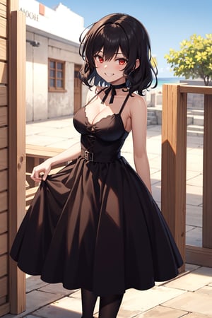 best quality, (masterpiece:1.2), ultra detailed, high resolution, medieval, 1girl, Celica Arfonia, female_solo, closed mouth, black hair, medium hair, red eyes, black dress, choker, black ribbon, cleavage, medium breasts, standing, looking at the viewer, outdoors, day, grin, 