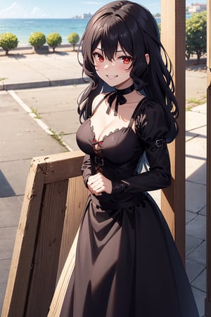 best quality, (masterpiece:1.2), ultra detailed, high resolution, medieval, 1girl, Celica Arfonia, female_solo, closed mouth, black hair, long hair, red eyes, black dress, choker, black ribbon, cleavage, medium breasts, standing, looking at the viewer, outdoors, day, grin, 