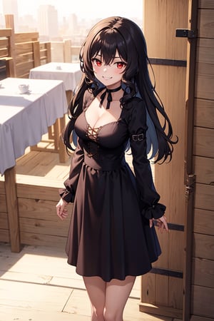 best quality, (masterpiece:1.2), ultra detailed, high resolution, medieval, 1girl, Celica Arfonia, female_solo, closed mouth, black hair, long hair, red eyes, black dress, choker, black ribbon, cleavage, medium breasts, standing, looking at the viewer, outdoors, day, grin, 