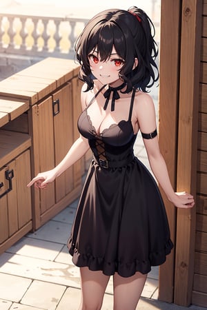 best quality, (masterpiece:1.2), ultra detailed, high resolution, medieval, 1girl, Celica Arfonia, female_solo, closed mouth, black hair, medium hair, red eyes, black dress, choker, black ribbon, cleavage, medium breasts, standing, looking at the viewer, outdoors, day, grin, 