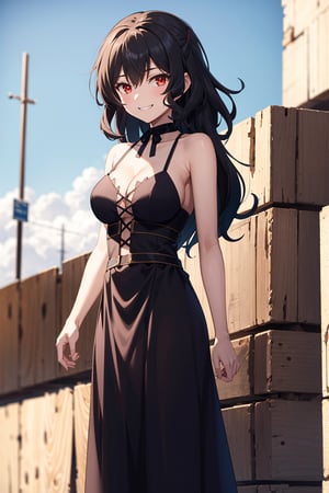 best quality, (masterpiece:1.2), ultra detailed, high resolution, medieval, 1girl, Celica Arfonia, female_solo, closed mouth, black hair, medium hair, red eyes, black dress, choker, black ribbon, cleavage, medium breasts, standing, looking at the viewer, outdoors, day, grin, 