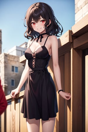 best quality, (masterpiece:1.2), ultra detailed, high resolution, medieval, 1girl, Celica Arfonia, female_solo, closed mouth, black hair, medium hair, red eyes, black dress, choker, black ribbon, cleavage, medium breasts, standing, looking at the viewer, outdoors, day, grin, 