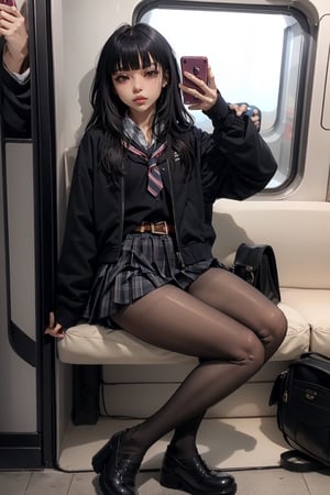 1 girl, ass, alone, thighs, phone, high heels, gray skirt, looking at viewer, bag, sitting, black hair, cell phone, jacket, train interior, lifting skirt, holding phone, hair long, lifting clothes, smartphone, holding, bangs, no panties, lips parted, school uniform, cameltoe, tsurime, anime, more details, condom belt, gwenstacy,Masterpiece,black pantyhose,rottytops,otoko_no_ko